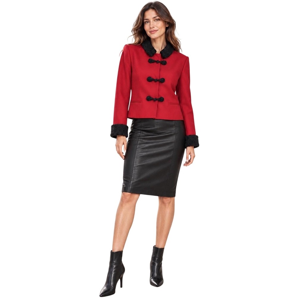 Vtg Oberon Red Black Faux Fur Trim Military Frog Closure Jacket Blazer  6 USA